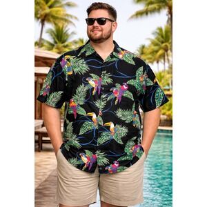 Go Barefoot Hawaiian Shirt Mens 3XL Black Tropical Parrot Toucan Cotton USA Made